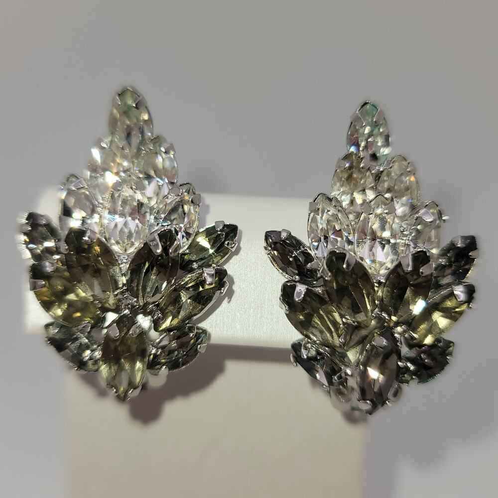 Vintage Smokey Gray & Clear Rhinestone Statement Climbing Clip-on Earrings